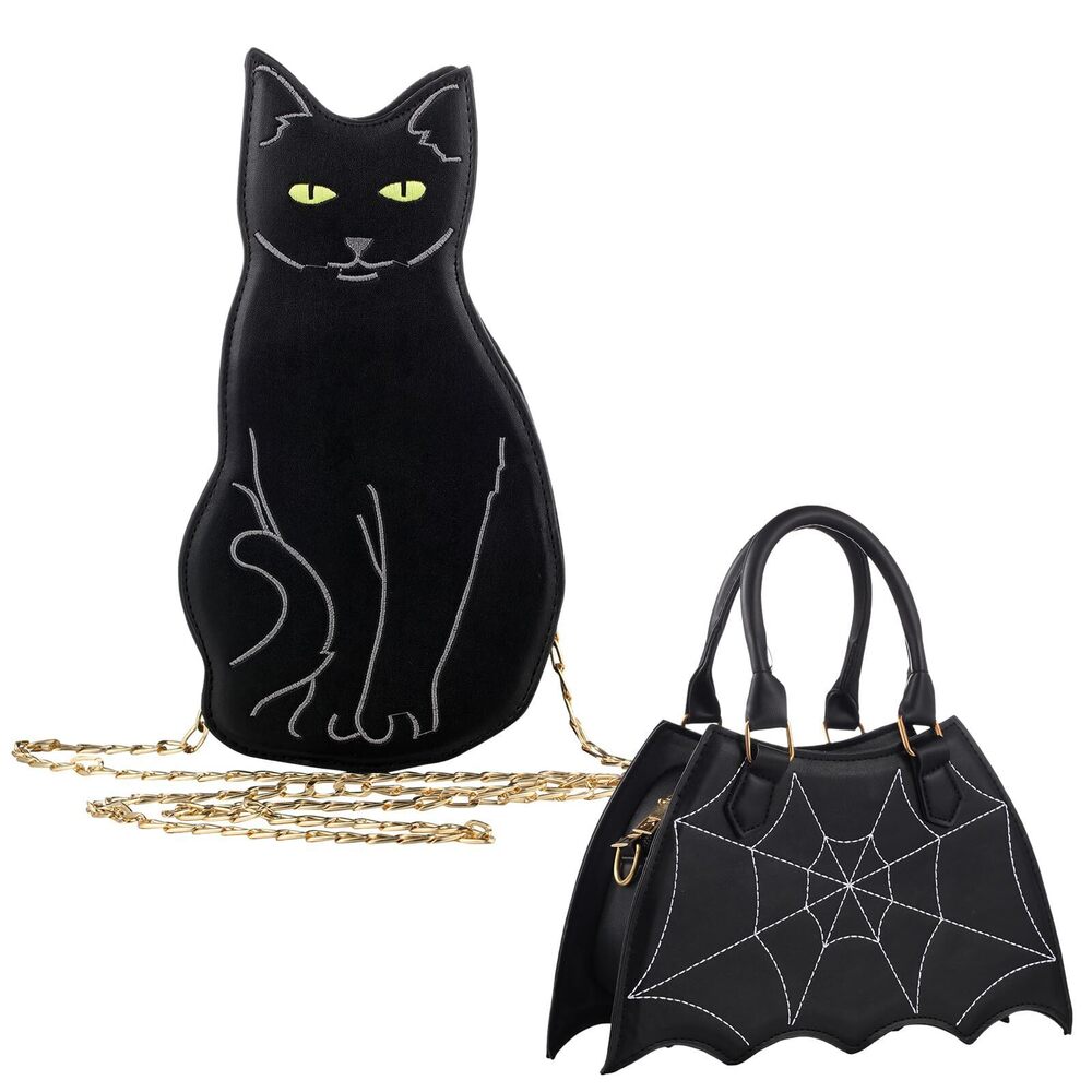 8043 2 Pcs Halloween Purse Bat Spider Web Crossbody Handbag Black Cat Purse